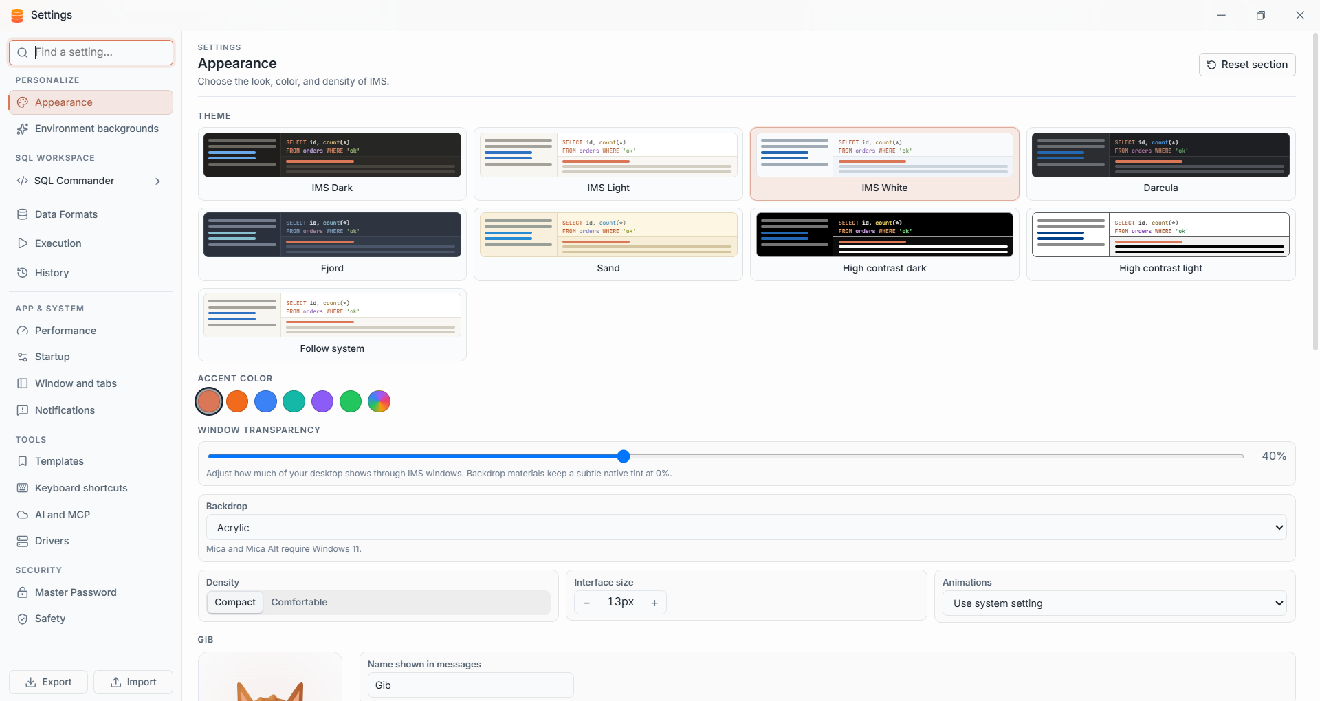 IMS Appearance settings showing themes, accent colors, transparency and density controls
