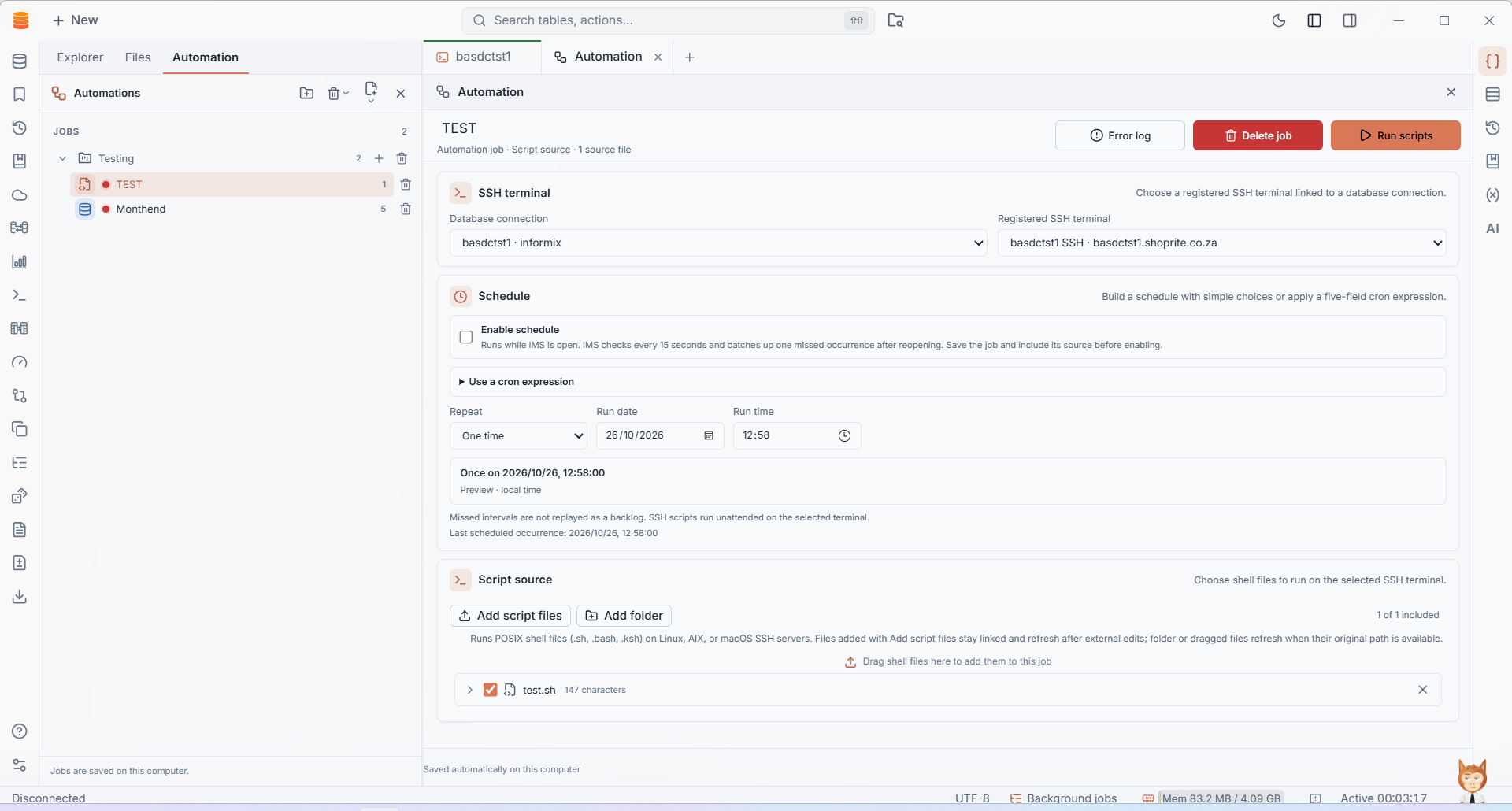 IMS Automation job configured to run shell scripts on a registered SSH terminal with a schedule and script files
