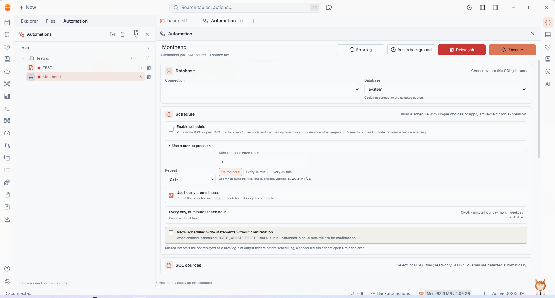 IMS SQL automation job with Run in background, schedule controls and query result output settings