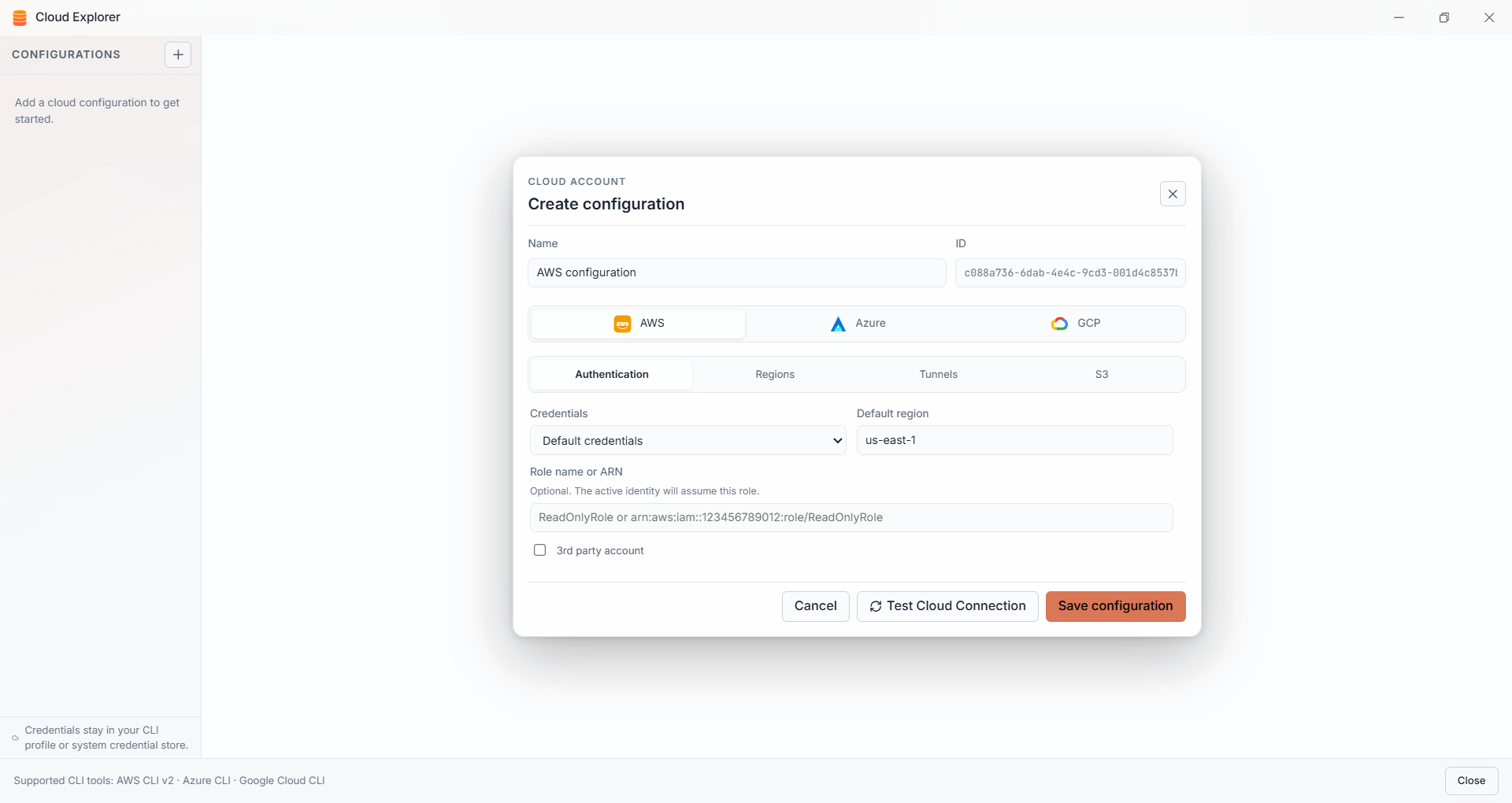 IMS Cloud Explorer configuration screen for AWS, Azure and Google Cloud
