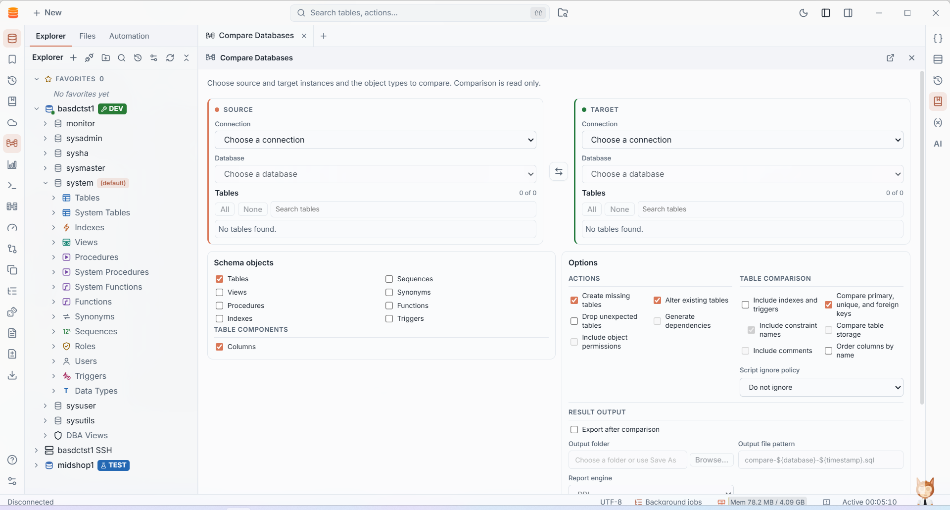 IMS Compare Databases screen with source and target connection panels and schema comparison options