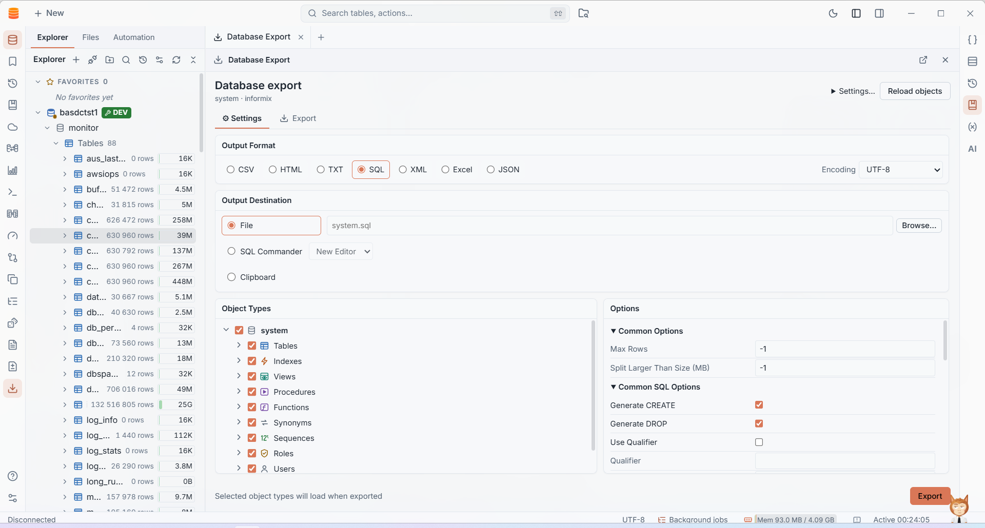 IMS Database Export options for object types, formats and destinations