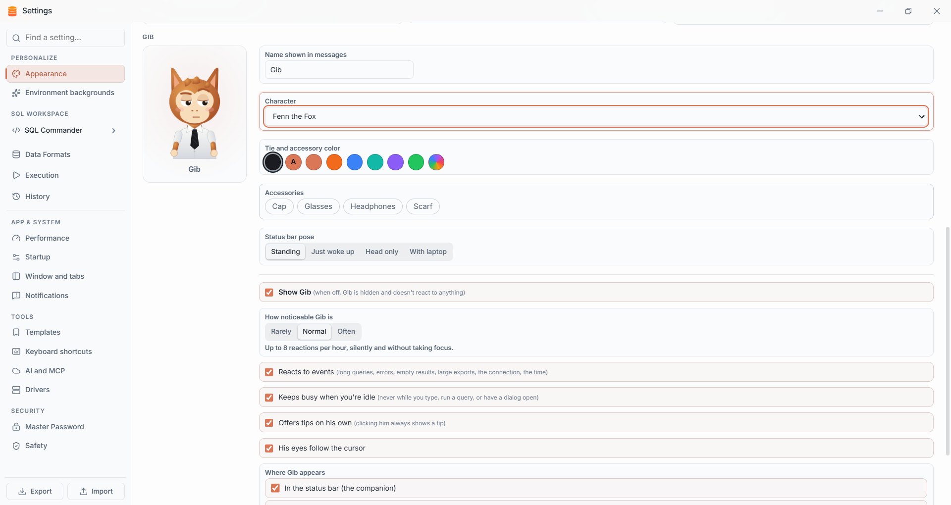 IMS settings for personalizing Gib with a character, colors, accessories, reactions and display preferences