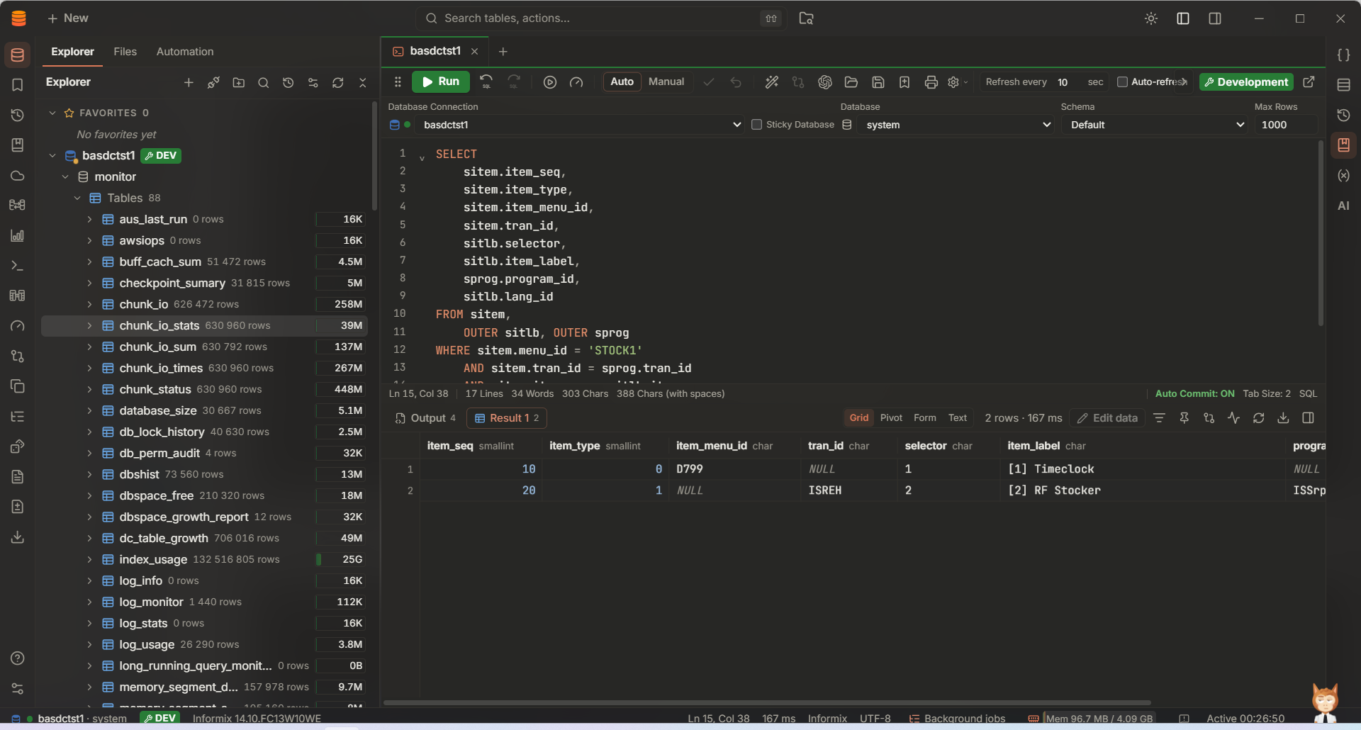 IMS desktop workspace in the dark theme, showing the same Informix SQL editor, database explorer and query results