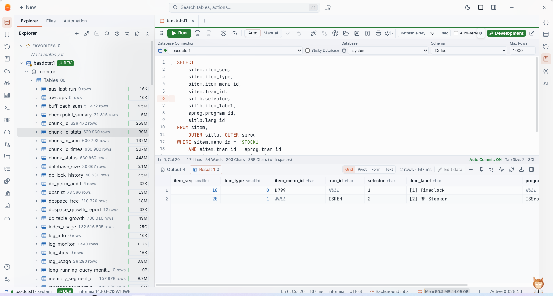 IMS desktop workspace in the light theme, showing an Informix SQL editor, database explorer and query results