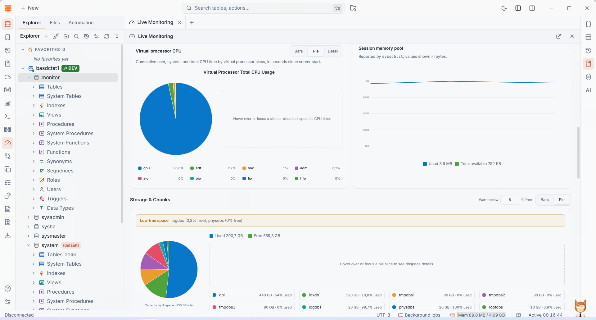 IMS Live Monitoring dashboard with virtual processor CPU and storage charts