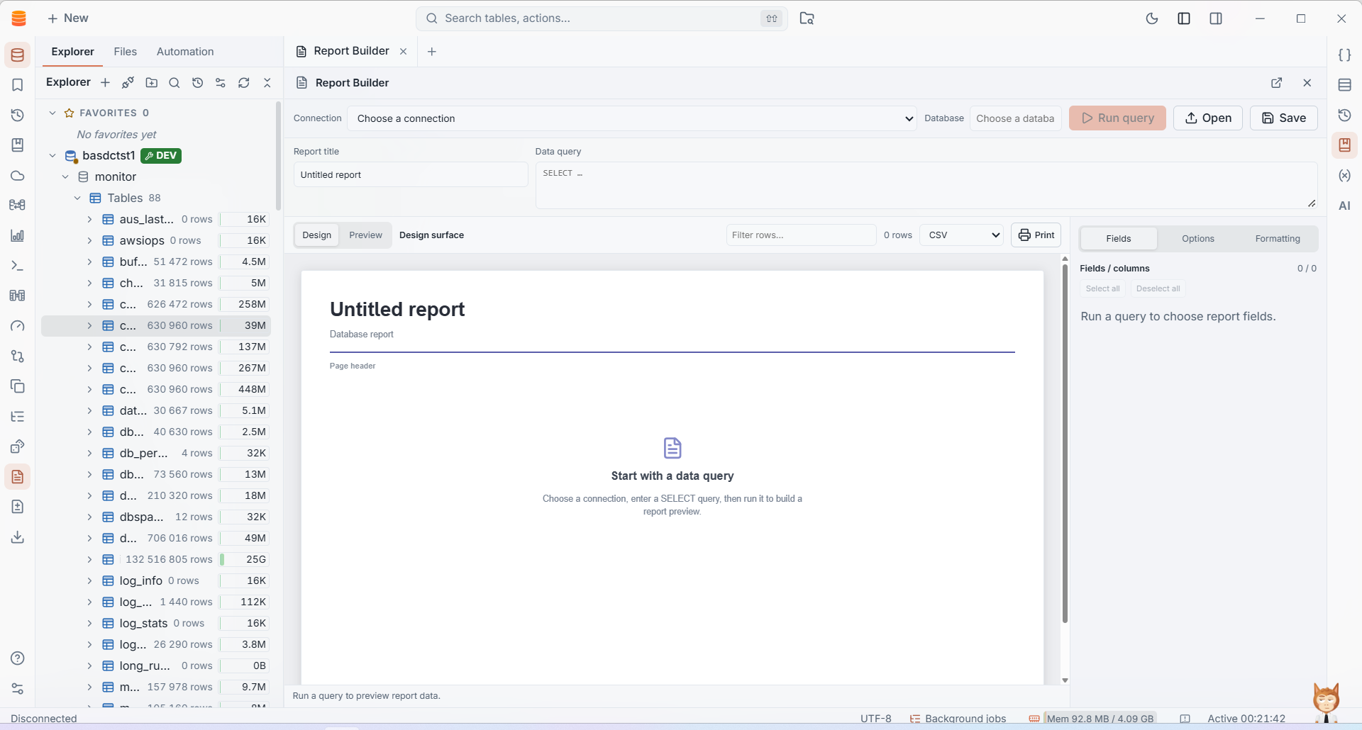 IMS Report Builder with query setup, report design surface and field options