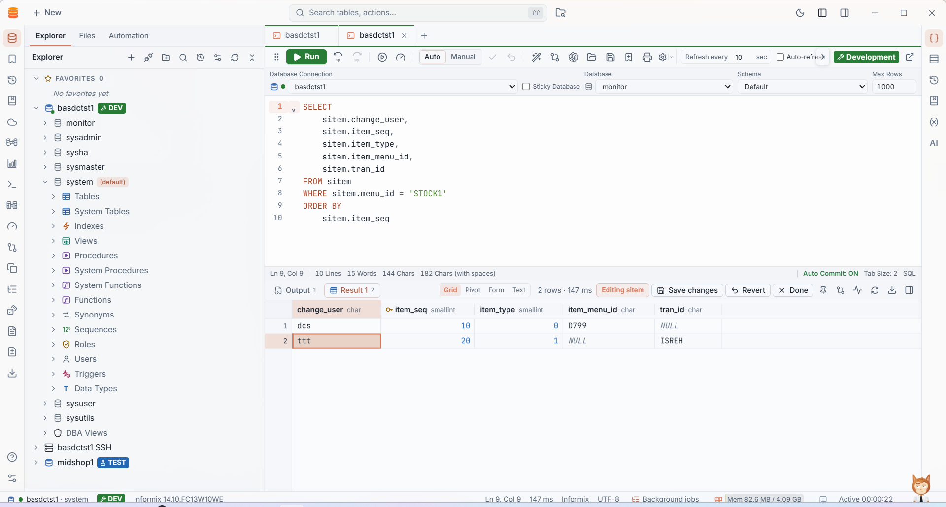 IMS SQL editor showing query results with an editable cell and Save changes controls