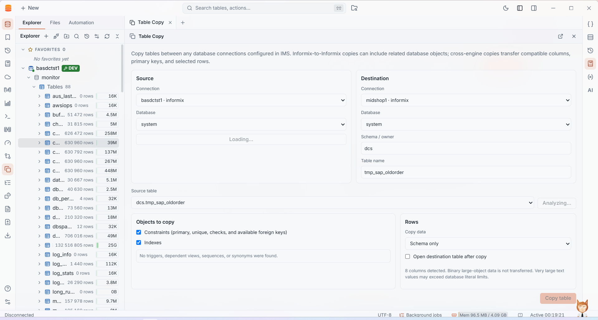 IMS Table Copy workspace with source and destination database connections