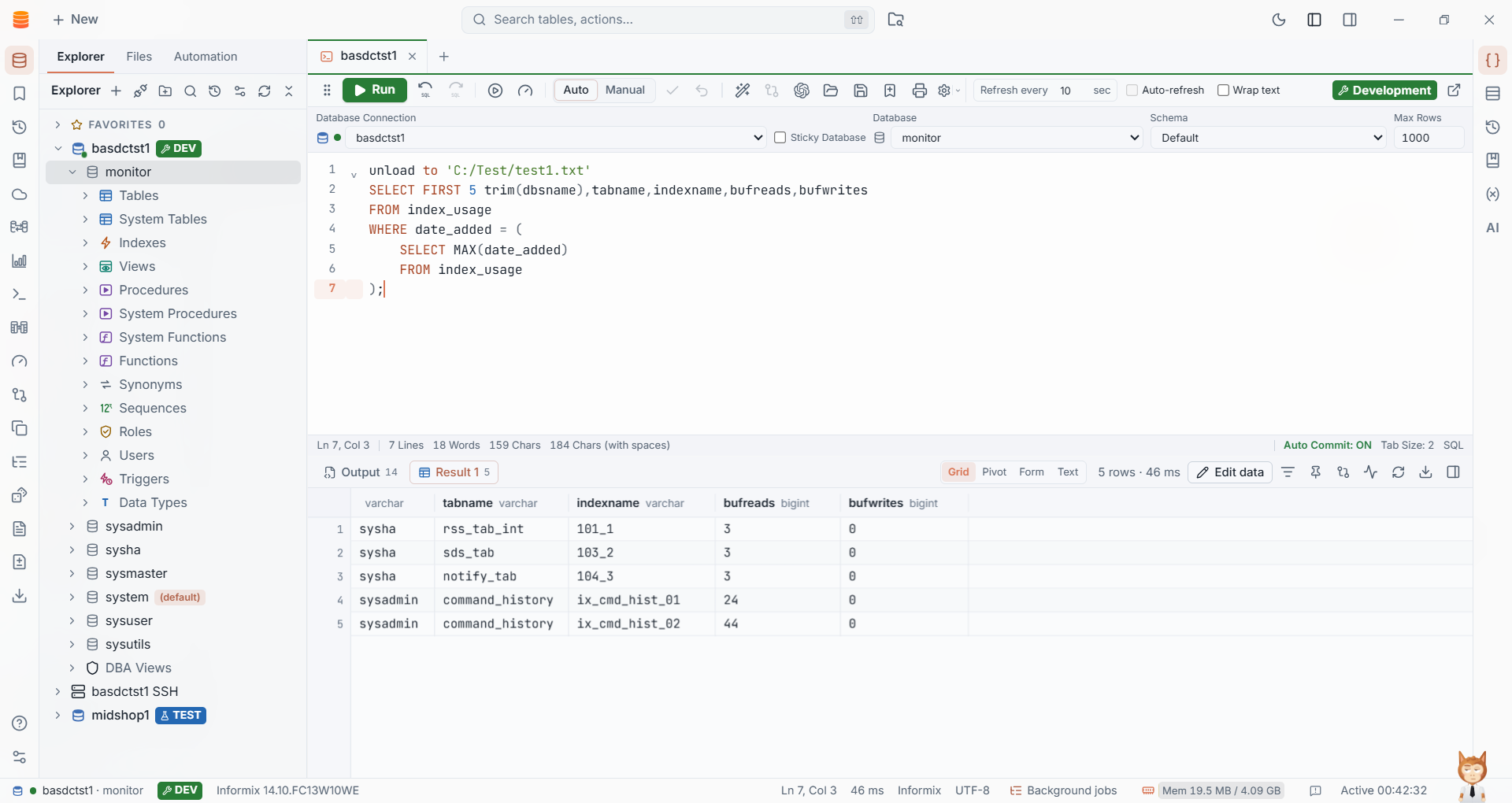 IMS SQL Commander running an Informix UNLOAD query and displaying the returned rows in the result grid