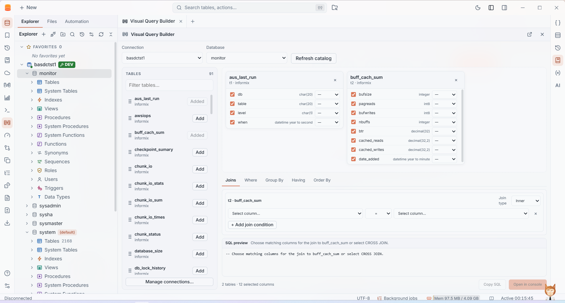IMS Visual Query Builder with tables, selected columns, join conditions and SQL preview